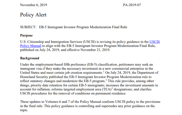 USCIS Updates Policy Guidance In Its EB-5 Policy Manual