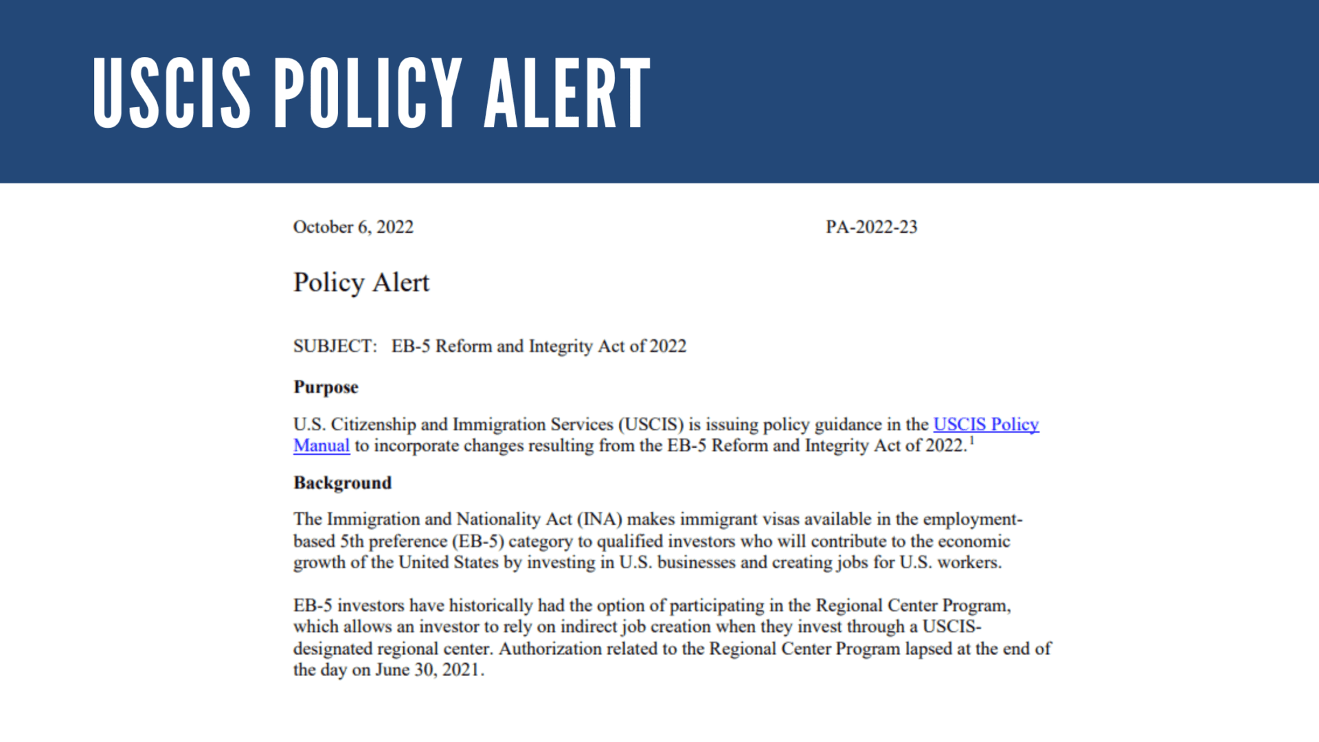 USCIS Updates EB-5 Policy Manual to Incorporate changes from the EB-5 Reform and Integrity Act of 2022