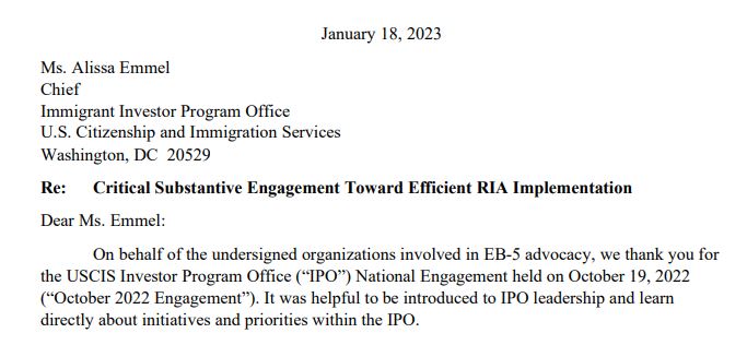 Industry Stakeholder Representatives Submit Letter to USCIS Regarding Substantive Engagement Toward Effective RIA Implementation